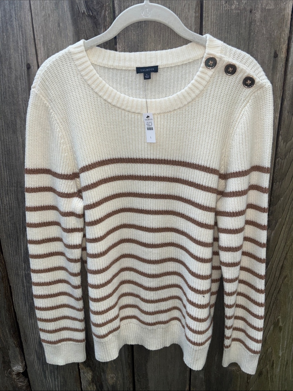 NWT Talbots Button Stripe Crew Neck Sweater Cream Gold Women’s Sz Large